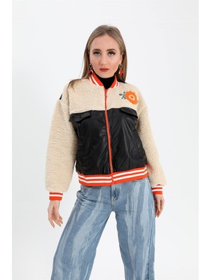 Isawella Beli Lastikli Nakışlı Derili Peluş Ceket Mont - Siyah