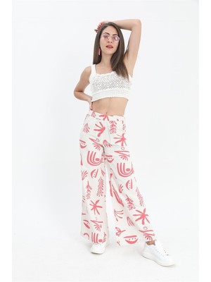 Isawella Baskılı Keten Bol Paça Pantolon - Pudra