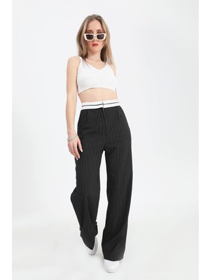 Isawella Pantolon Palazzo Garni Kemerli Ince Çizgili - Siyah