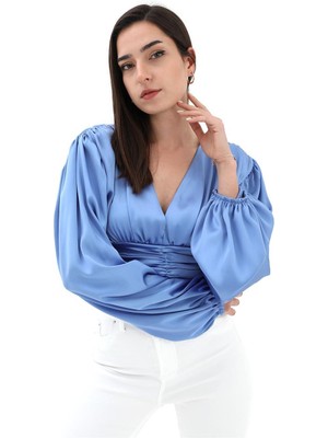 Isawella Beli Drapeli Balon Kol Bluz - Mavi