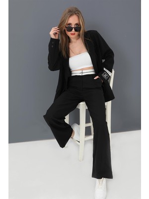 Isawella Pantolon Palazzo Garni Kemerli Atlas Kumaş - Siyah