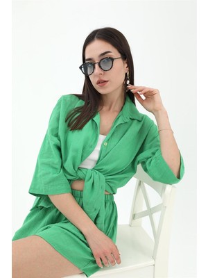 Isawella Pamuk Keten Şort Gömlek Kadın Ikili Takım - Yeşil