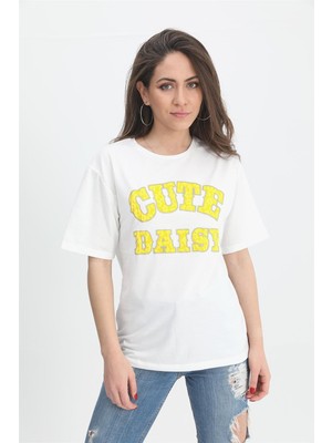 Isawella T-Shirt Kabartma Baskı Bisiklet Yaka - Sarı