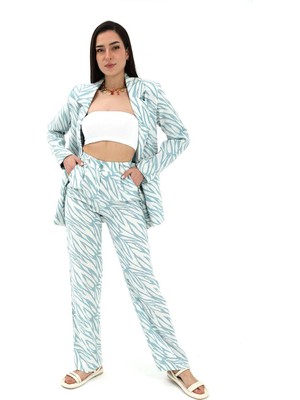 Isawella Zebra Desen Yüksek Bel Keten Pantolon - Mavi