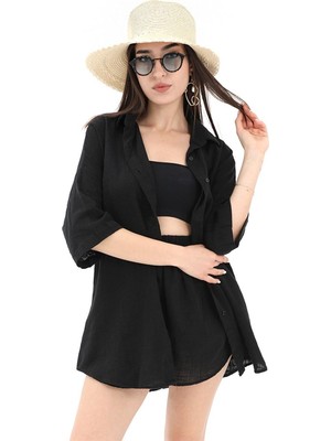 Isawella Pamuk Keten Şort Gömlek Kadın Ikili Takım - Siyah