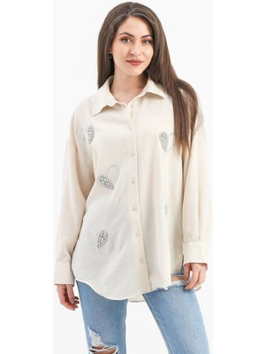 Isawella Taşlı Kalp Işlemeli Keten Gömlek - Bej