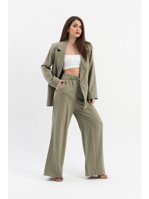 Isawella Parlak Keten Cepli Beli Lastikli Pantolon - Haki