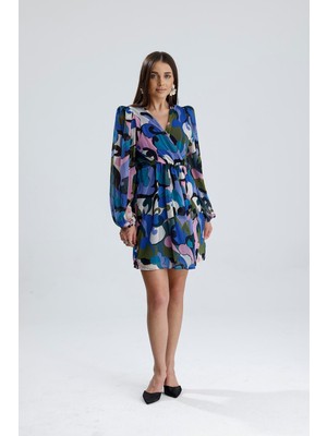 Isawella Kruvaze Yaka Önü Büzgülü Şifon Elbise - Mavi