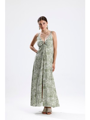 Isawella Gloplu Gipeli Askılı Desenli Elbise - Yeşil