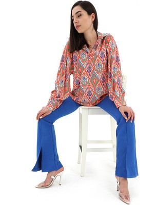 Isawella Reglan Kol Baskılı Saten Gömlek - Turuncu