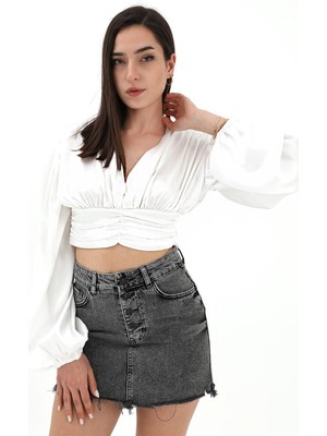 Isawella Beli Drapeli Balon Kol Bluz - Ekru