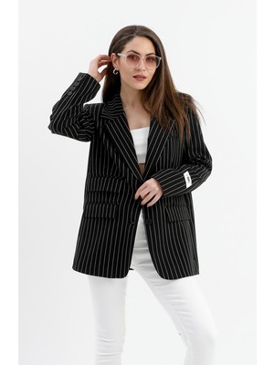 Isawella Üç Cep Kapaklı Çizgili Poliviskon Ceket - Siyah