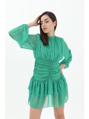 Isawella Büzgülü Puantiyeli Şifon Elbise - Yeşil