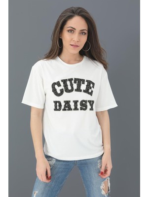 Isawella T-Shirt Kabartma Baskı Bisiklet Yaka - Siyah