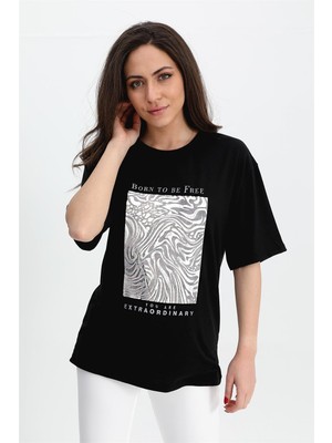 Isawella T-Shirt Bisiklet Yaka Sim Baskı - Siyah