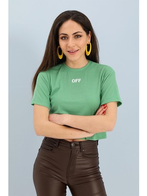 Isawella Tshirt Crop Bisiklet Yaka Off Yazılı - Yeşil