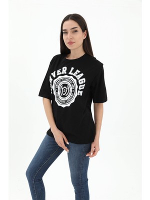 Isawella Bisiklet Yaka Denver Leagune Baskılı T-Shirt - Siyah