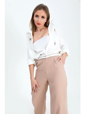 Isawella Pantolon Palazzo Garni Kemerli Atlas Kumaş - Bej