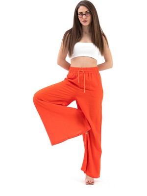 Isawella Geniş Kemerli Bol Paça Düz Keten Kadın Pantolon - Oranj