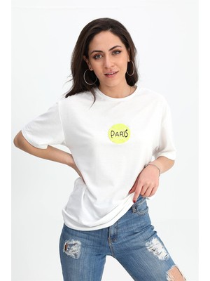 Isawella T-Shirt Bisiklet Yaka Önü ve Arkası Baskılı - Ekru