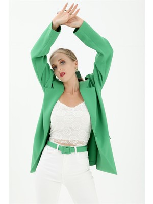 Isawella Düşük Omuz Kemerli Atlas Kumaş Blazer Ceket - Yeşil