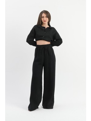 Isawella Yüksek Bel Cepli Krinkıl Kumaş Pantolon - Siyah