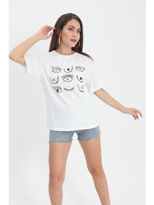 Isawella Tshirt Göz Baskılı Bisiklet Yaka - Ekru