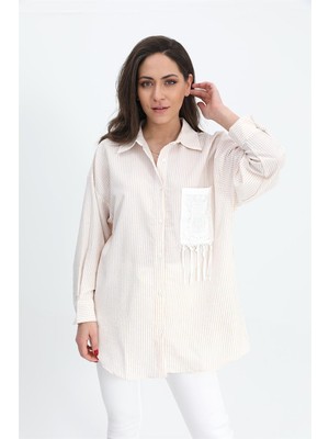 Isawella Gömlek Cebi Nakış Püsküllü Gofre - Bej