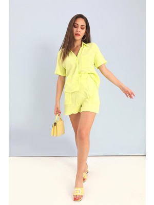 Isawella Takım Müslin Gömlek Şort - Sarı