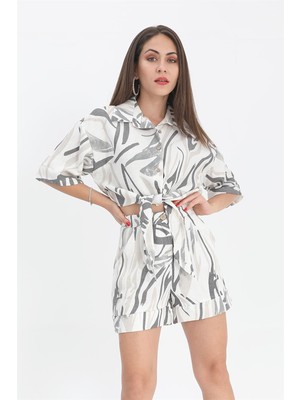 Isawella Şort Yüksek Bel Baskılı Keten - Siyah