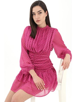Isawella Büzgülü Puantiyeli Şifon Elbise - Fuşya