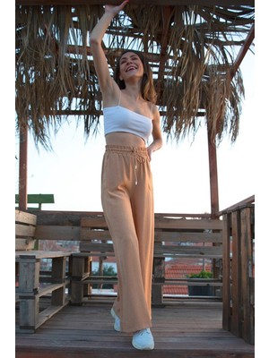 Isawella Geniş Kemerli Bol Paça Düz Keten Kadın Pantolon - Vizon