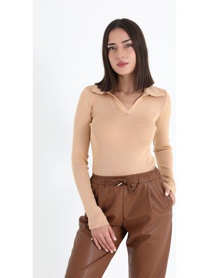Isawella Uzun Kol Polo Yaka Triko - Vizon