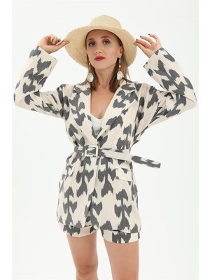 Isawella Kemerli Desenli Oversize Blazer Ceket - Siyah