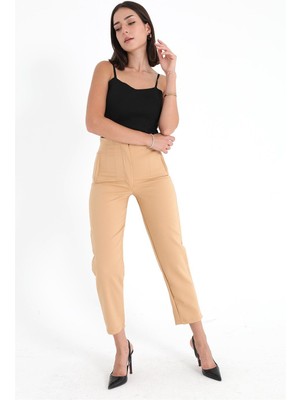 Isawella Yüksek Bel Pensli Atlas Kumaş Pantolon - Vizon