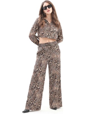 Isawella Önü Çimalı Beli Lastikli Leopar Desen Pantolon - Siyah