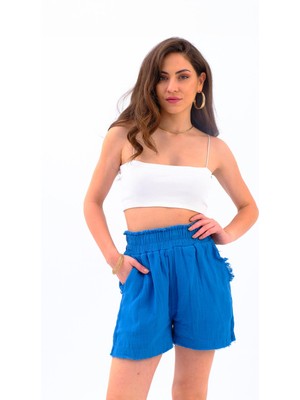 Isawella Püskül Detaylı Yıkamalı Müslin Şort - Indigo