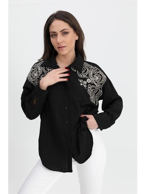Isawella Gömlek Omuzları Nakışlı Keten - Siyah