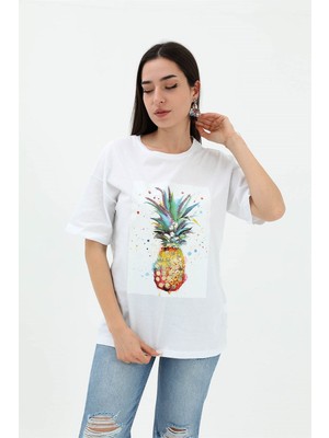 Isawella Bisiklet Yaka Ananas Baskılı Süprem T-Shirt - Beyaz