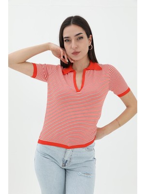 Isawella Ince Çizgili Polo Yaka Triko Kazak - Turuncu