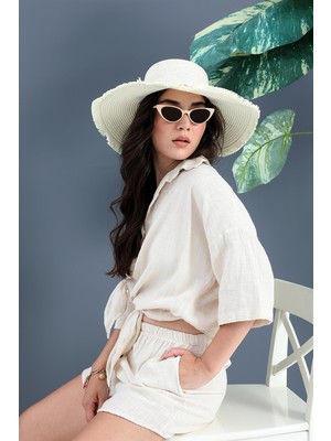 Isawella Pamuk Keten Şort Gömlek Kadın Ikili Takım - Taş