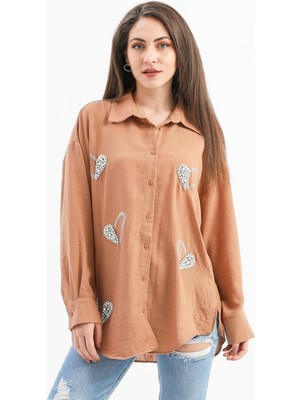 Isawella Taşlı Kalp Işlemeli Keten Gömlek - Vizon