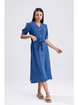 Isawella Beli Kuşaklı Uzun Aerobin Elbise - Indigo