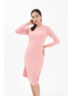 Isawella Bisiklet Yaka Yanı Büzgülü Elbise - Pudra
