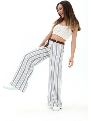 Isawella Hasır Kemer Çizgili Pantolon - Lacivert