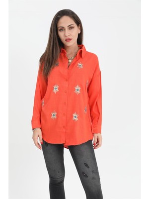 Isawella Gömlek Keten Göz Nakışlı - Turuncu