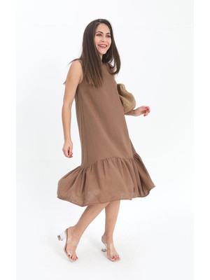 Isawella Kristal Keten Kolsuz Kadın Salaş Elbise - Kahverengi