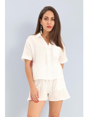 Isawella Takım Müslin Gömlek Şort - Ekru