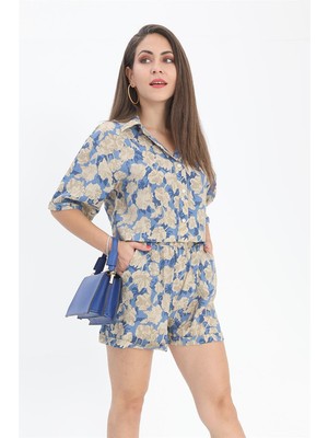 Isawella Gömlek Baskılı Kolu Duble Katlamalı - Mavi