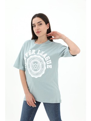 Isawella Bisiklet Yaka Denver Leagune Baskılı T-Shirt - Mint Yeşili
